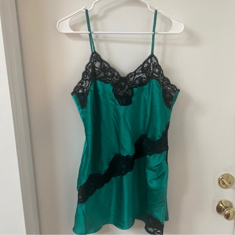 Vintage Victoria's Secret Gold Label Green Satin Black Lace Slip Dress Chemise M